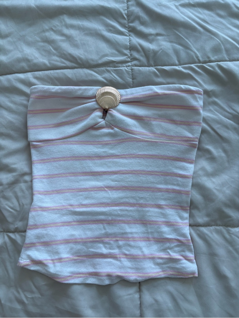 Striped Pink and White Strapless Tube Top with Shell Accent